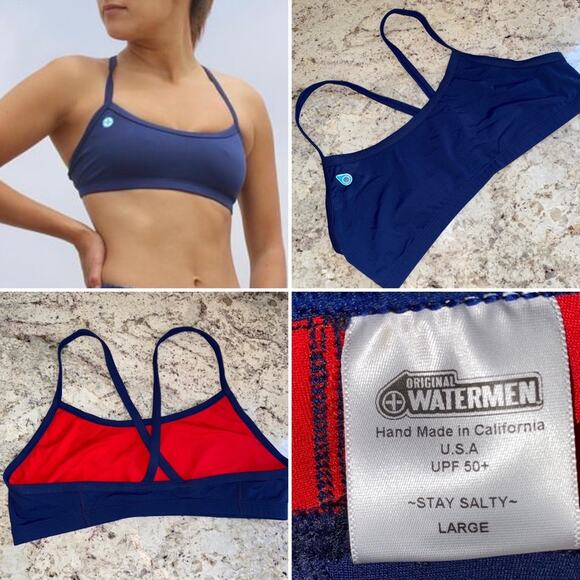 Original Watermen $40 Lifeguard Sport Bikini Top Navy UPF 50 LG NWOT - Picture 1 of 8